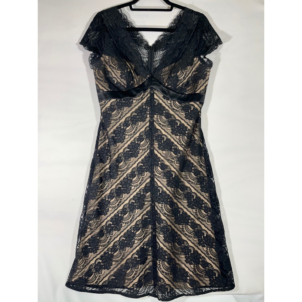 Worthington Black Lace Sheath Dress Lined V Neck Cap‎ Sleeve Cocktail Size 8